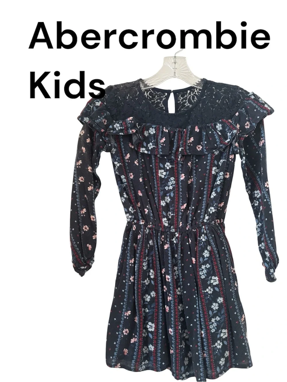 abercrombie kids navy floral ruffle dress with pink and light blue accents